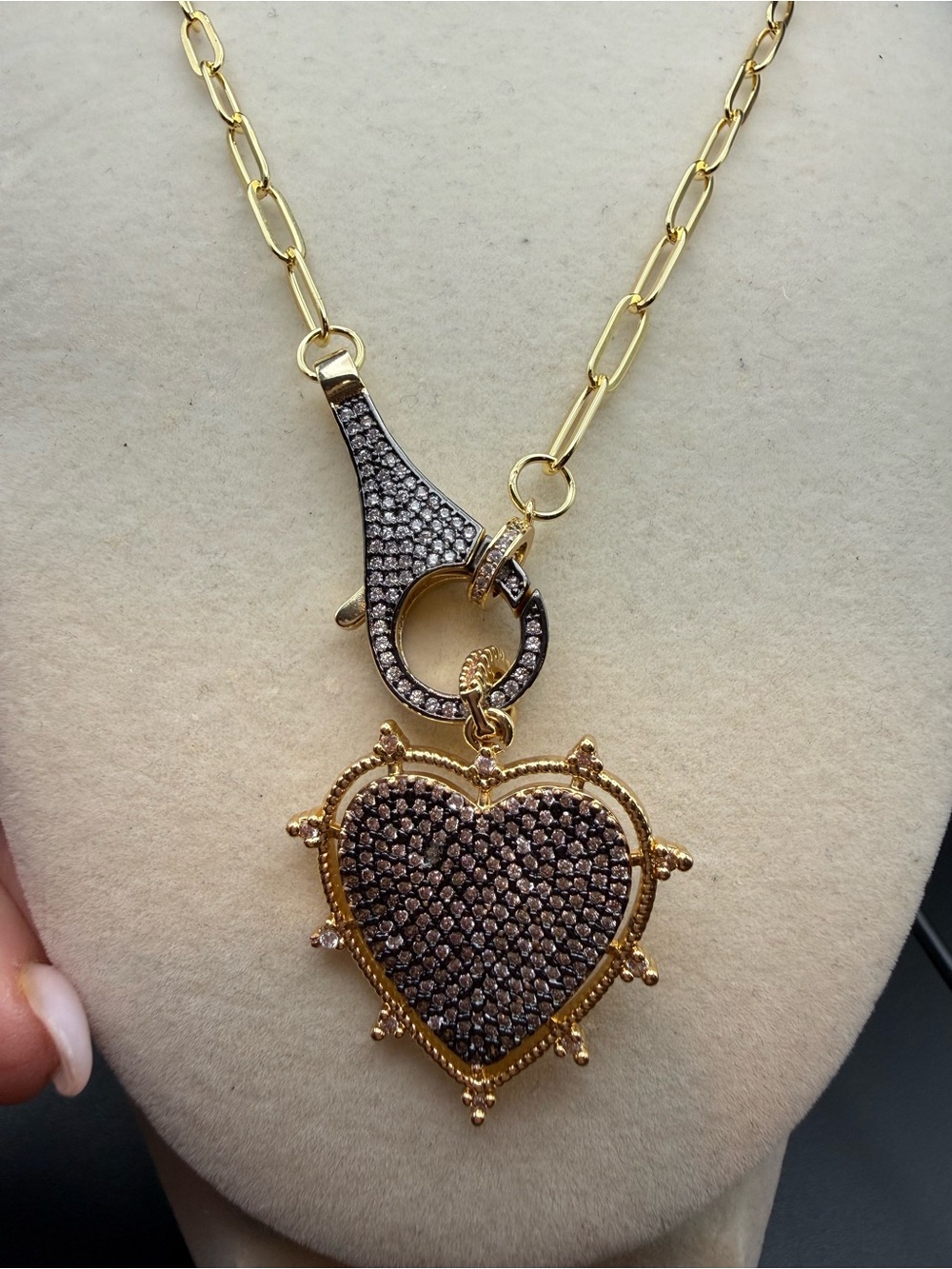 Gold and black Heart Pendant paperclip Necklace with Pavé Crystals